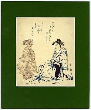 Japanese Antique Print-JAPANESE LADY-WOODWORKING TOOLS-KNIFE-FAN-Eishi-c.1815