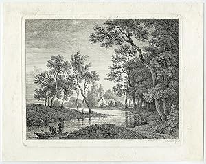 Antique Print-LANDSCAPE-STREAM-BOAT-Kolbl-c.1800