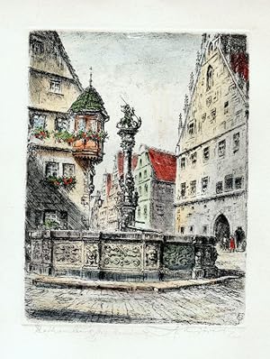 2 Antique Prints-ROTHENBURG-TOWN GATE-FOUNTAIN-Görtitz-Waning-c.1950