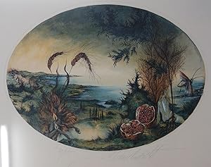 Imagen del vendedor de Landschaft mit Akt, Pferden, Granatapfel und Libelle. a la venta por Antiquariat Martin Barbian & Grund GbR