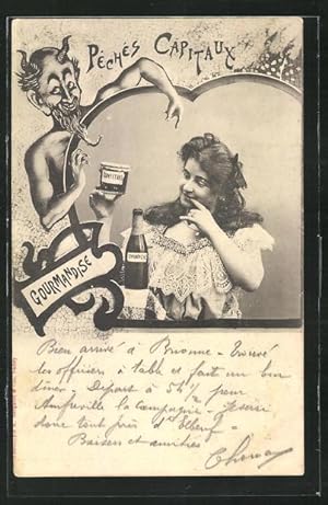Ansichtskarte Peches Capitaux, Goumandise, Fräulein mit Champagner und Konfitüre, Teufel