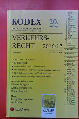 Bild des Verkufers fr VERKEHRSRECHT 2016/17. 20. Auflage. Stand 1.9.2016. KODEX DES STERREICHISCHEN RECHTS. Mit der 32. und 33. Novelle zum Kraftfahrgesetz etc. zum Verkauf von biblion2