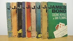 Nine vintage James Bond paperback books published by Pan- Casino Royale, Live and Let Die, Moonra...