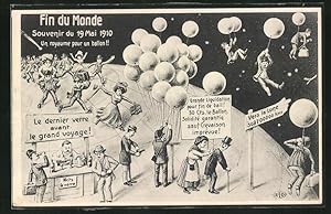 Künstler-Ansichtskarte Fin du Monde, Angst vor dem Ende der Welt 1910, Menschen flüchten mit Luft...