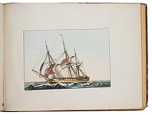Bild des Verkufers fr Afbeeldingen van schepen en vaartuigen, in verschillende bewegingen.Amsterdam, F. Kaal (printed by J. J. Nesser Jr.), 1831. Oblong 4to (23.5 x 31 cm). With 50 nicely hand coloured lithographic plates in crayon technique, depicting boats and ships, including 1 steam boat and 7 plates showing details of rigging and equipment. Contemporary boards covered with the original letterpress printed paper wrapper. Signed by the author/artist as authentication, and with his embossed stamp in the foot margin of each plate. zum Verkauf von ASHER Rare Books