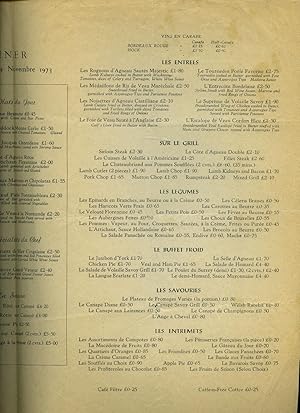 Seller image for The Savoy Grill Diner a la Carte Menu (Jeudi le 29 Novembre 1973) for sale by Little Stour Books PBFA Member