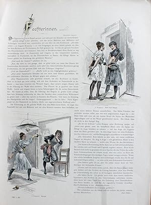 "Fechterinnen" Textblatt mit zwei originalen Farb-Holzstichen je ca.15x11cm (Darstellung / image ...