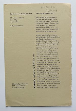 Seller image for 1950 aspects of British art. Institute of Contemporary Arts, London 13 December 1950 to 12 January 1951. for sale by Roe and Moore