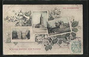 Passepartout-Carte postale Combourg, Je vous envoie ces Fleurs, l'Église et Burg