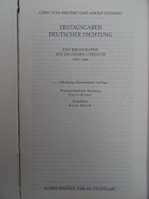 Seller image for Erstausgaben deutscher Dichtung. Eine Bibliographie zur deutschen Literatur 1600-1990. 2. Auflage. Stuttgart, Krner, 1992. XIX, 1724 S. OLwd. for sale by Antiquariat Daniel Schramm e.K.