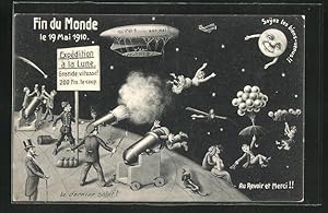 Ansichtskarte Menschen flüchten im Zeppelin vor dem Halleyschen Kometen 1910