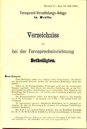 Verzeichnis der bei der Fernsprecheinrichtung Betheiligten. vom 14. Juli 1881. Hrsg. von der Fern...