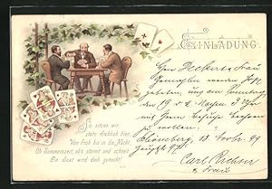 Lithographie Einladung zum Kartenspiel, Drei Männer beim Skat