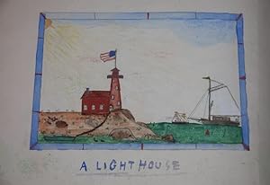 Sketchbook with a boy's naive paintings and drawings of ships, flowers, a lighthouse, etc.