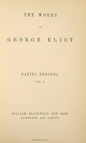 Bild des Verkufers fr The Works of George Eliot. Daniel Deronda [in 3 Volumes] + The spanish gypsy + Silas Marner and scenes of clerical life. Cabinet Edition . In all 5 volumes. zum Verkauf von Harteveld Rare Books Ltd.