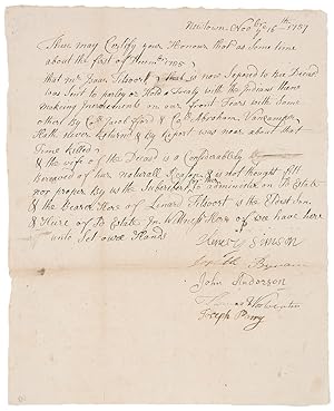 Manuscript document signed by the selectmen of Newtown, NJ, attesting that Isaac Titsoort [i.e. T...