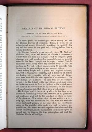 Immagine del venditore per Remarks on Sir Thomas Browne. ALSO : FITCH, Robert. Note on the Discovery of the Remains of Sir Thomas Browne in 1840. BOTH CONTAINED IN : Memoirs Illustrative of the History and Antiquities of Norfolk and the City of Norwich, Communicated to the Annual Meeting of the Archaeological Institute of Great Britain and Ireland, Held at Norwich, July, 1847, With a General Report of the Proceedings of the Meeting, and a Catalogue of the Museum Formed on that Occasion. venduto da Patrick Pollak Rare Books ABA ILAB