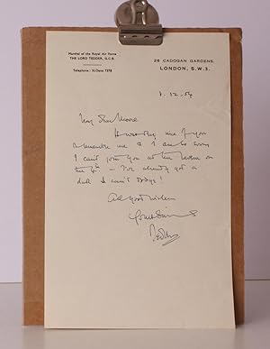 Seller image for A.L.s on the stationery of his residence at 26 Cadogan Gardens, London SW3, and dated 1 December 1954. A.L.s FROM MARSHAL OF THE ROYAL AIR FORCE LORD TEDDER for sale by Island Books