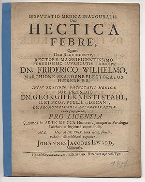 Imagen del vendedor de Medizinische Inaugural-Disputation. De hectica febre. a la venta por Wissenschaftliches Antiquariat Kln Dr. Sebastian Peters UG