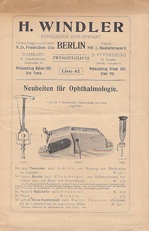 Seller image for [Verkaufskatalog]. Neuheiten fr Opthalmologie. Liste 62. for sale by Antiquariat Michael Eschmann
