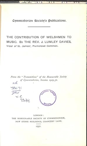 Seller image for The Contribution of Welshmen to Music for sale by WeBuyBooks