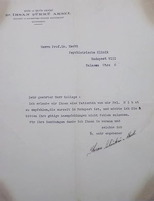 [THE FATHER OF THE MODERN NEUROPATHOLOGY CLINICS IN TURKEY] Typescript letter signed 'Ihsan Schük...