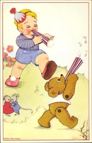 Künstler Ansichtskarte / Postkarte Numans, M., Kind, Teddybär und Mäuse
