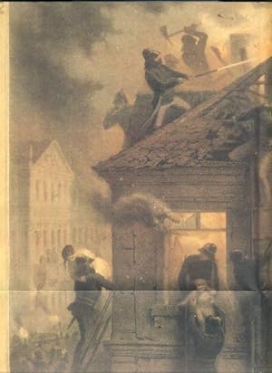 Die Berliner Feuerwehr einst und 1851. Kolorierte Lithographie von Gustav Bartsch.