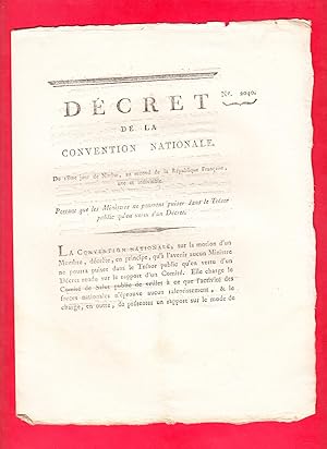 Image du vendeur pour DCRET DE LA CONVENTION NATIONALE. Du 18me jour de Nivse, an second de la Rpublique Franaise, une et indivisible. Portant que les Ministres ne pourront puiser dans le Trsor publique qu'en vertu d'un Dcret. (7 Janvier 1794) mis en vente par Pierre Raymond