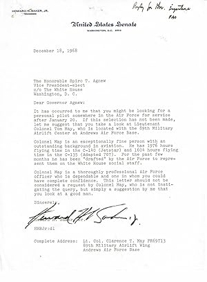 TYPED LETTER TO VICE PRESIDENT-ELECT SPIRO T. AGNEW SIGNED BY SENATOR HOWARD BAKER RECOMMENDING A...