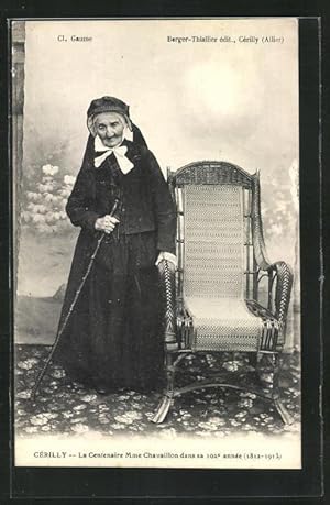 Carte postale Cérilly, Le Centenaire Mme Chavaillon dans sa 102e année, 1812-1913