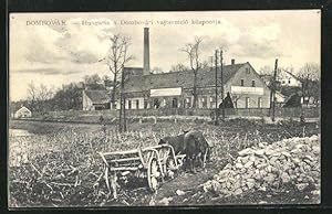 Ansichtskarte Dombovár, Blick auf eine Fabrik, Fuhrwerk vor einem Haufen von Feldsteinen