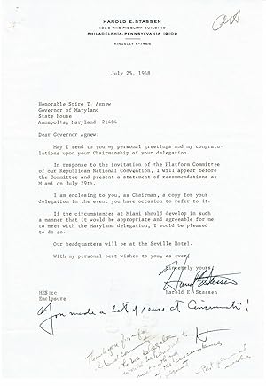 Bild des Verkufers fr TYPED LETTER TO GOVERNOR OF MARYLAND SPIRO T. AGNEW SIGNED BY HAROLD E. STASSEN ENCLOSING A COPY OF STASSEN'S STATEMENT TO BE PRESENTED AT THE 1968 REPUBLICAN CONVENTION. zum Verkauf von Blue Mountain Books & Manuscripts, Ltd.