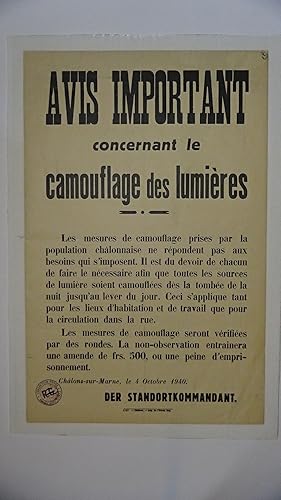 Avis important concernant le camouflage des lumières. Châlons-sur-Marne, le 4 octobre 1940. Der S...