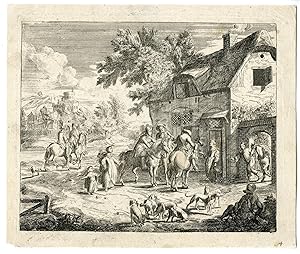 Rare Antique Print-HUNTING-HORSEMEN AT AN INN-LANDSCAPE-van der Vinne-17th.c.
