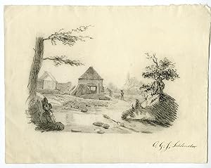 Antique Drawing-LANDSCAPE WITH MILL AND FIGURES-Schlencker-c.1825