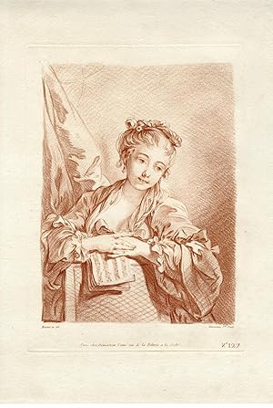 Antique Master Print-GIRL WITH SHEET MUSIC-Boucher-Demarteau-1788