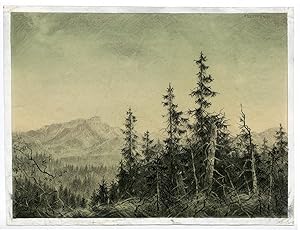 Rare Antique Drawing-MOUNTAIN LANDSCAPE-PINE TREES-Belting-1941