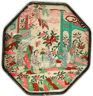 Antique 19th century Chinese embroidered silk fan with Tea drinking image