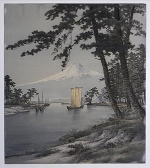 Japanische Landschaft mit Booten und dem Fuji im Bildzentrum - um 1920/1930. Bedruckter Stoff, ve...