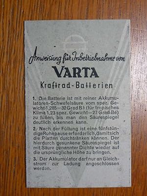 Anweisung für Inbetriebnahme von Varta Kraftrad Batterien - Ausgabe 09/1949.