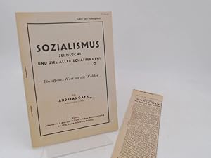 Bild des Verkufers fr Sozialismus - Sehnsucht und Ziel aller Schaffenden! Ein offenes Wort an die Whler von Andreas Gayk, Brgermeister in Kiel. Vortrag gehalten am 3. Aug. 1946 in Eutin auf dem Bezirksparteitag der SPD, Bezirk Schleswig-Holstein. Hrsg. von der Sozialdemokratischen Partei Deutschlands, Bezirk Schleswig-Holstein. zum Verkauf von Antiquariat Kelifer