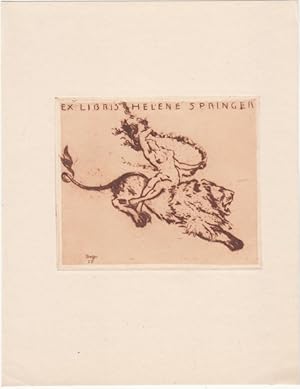 Imagen del vendedor de Ex Libris Helene Springer. Auf springendem Lwen sitzender weiblicher Akt mit Band. a la venta por Antiquariat  Braun