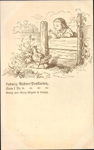 Künstler Ansichtskarte / Postkarte Richter, Ludwig, Kind mit Huhn, Serie I Nr. 9