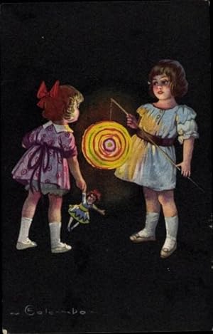 Künstler Ansichtskarte / Postkarte Colombo, E., Zwei Mädchen mit Spielzeugen