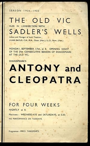 Imagen del vendedor de Antony and Cleopatra | Souvenir Theatre Programme Performed at The Old Vic. Waterloo Road. Sadler's Wells, Rosebery Avenue, London Season 1934-1935 a la venta por Little Stour Books PBFA Member