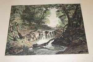 Deer jumping over a waterfall. Original etching.