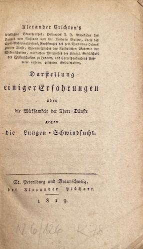 Darstellung einiger Erfahrungen über die Wirksamkeit der Theer-Dünste gegen die Lungen-Schwindsucht.