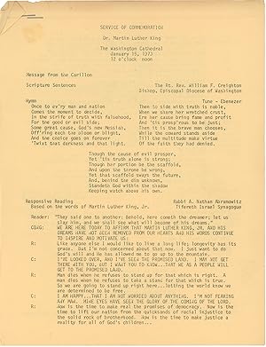 Seller image for Service of Commemoration: Dr. Martin Luther King Jr. [3] pp. stapled mimeograph program for a service commemorating King's birthday at The Washington Cathedral, January 15, 1970. Stapled together with a [1] pp. letter from Bishop Henry C. Bunton to the Interreligious Committee on Race Relations (ICRR) notifying members of the event, and including a [1] pp. copy of the minutes from the ICRR board meeting on January 7, 1970, at which the details were agreed upon, and a [1] pp. announcement for the event. Program worn at corners, two bent; letters originally folded, creases beginning to split. Overall good. for sale by Auger Down Books, ABAA/ILAB