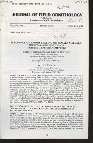 Bild des Verkufers fr Journal of Field Ornithology Vol 65 n2 Spring 1994 : Influence of brodd rearing on female mallard survival and effectos to harness-type transmitters zum Verkauf von Le-Livre